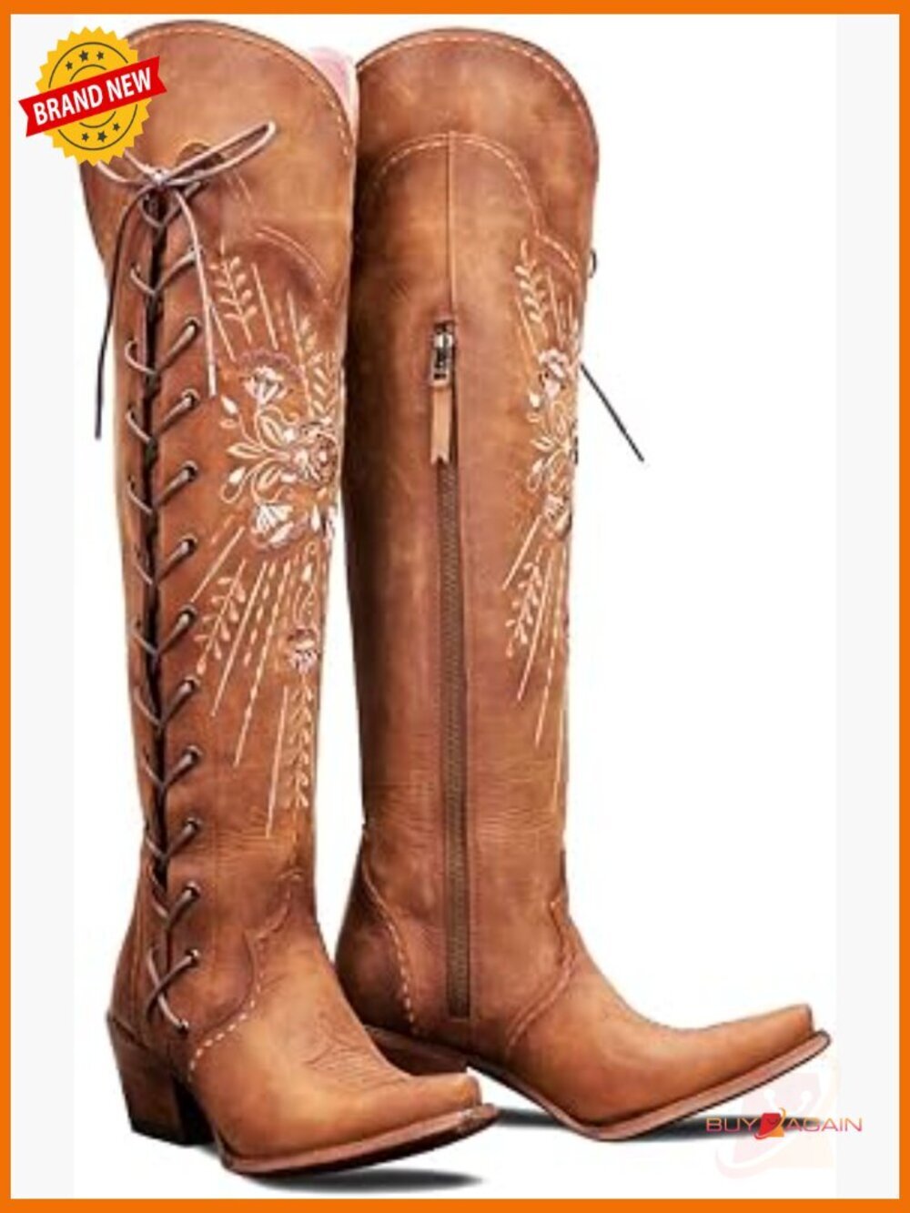 Embroidered Pointed Toe Over-the-Knee Boots Wide Calf Lace-Up